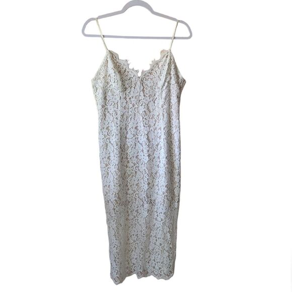 Bardot Dresses & Skirts - Bardot White Lace Overlay Nude Cami Strap Vneck Midi Dress Womens 10